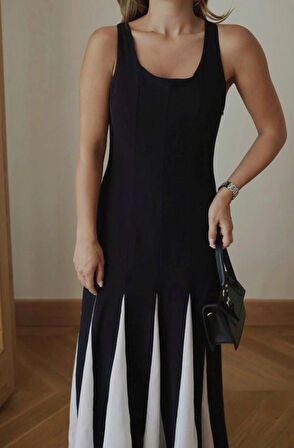 Kadın Siyah Premium Patchwork Renk Bloklu Keten Elbise