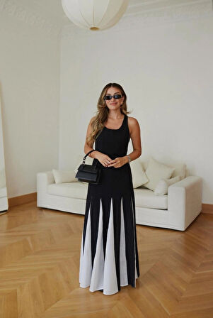 Kadın Siyah Premium Patchwork Renk Bloklu Keten Elbise