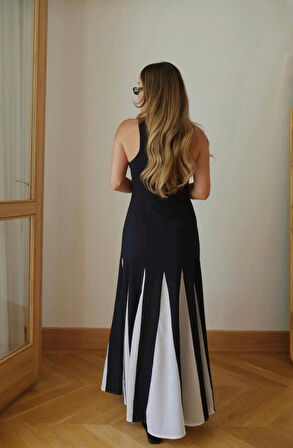 Kadın Siyah Premium Patchwork Renk Bloklu Keten Elbise