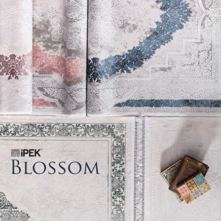 İpek Mekik Halı Blossom Lacivert Ekru Modern Eskitme Halı