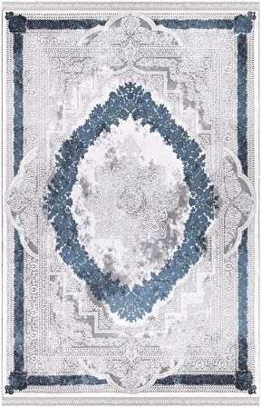 İpek Mekik Halı Blossom Lacivert Gri Klasik Saçaklı Halı