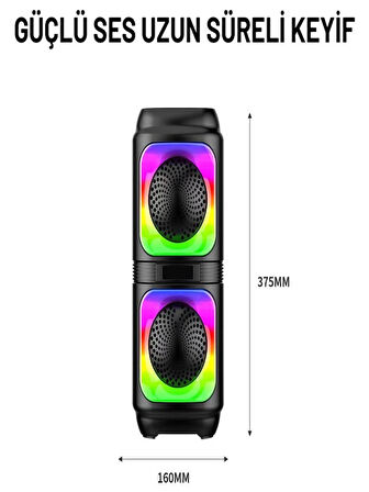 Göz Kamaştırıcı LED Işıklı Bluetooth Hoparlör – 1200 mAh Şarjlı, Çift 4 Inch Hoparlör, RGB Renkli Işık, Çoklu Bağlantı (USB/TF/FM/AUX/MIC)