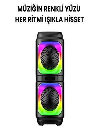 Göz Kamaştırıcı LED Işıklı Bluetooth Hoparlör – 1200 mAh Şarjlı, Çift 4 Inch Hoparlör, RGB Renkli Işık, Çoklu Bağlantı (USB/TF/FM/AUX/MIC)