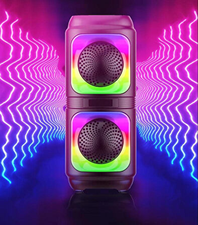 Göz Kamaştırıcı LED Işıklı Bluetooth Hoparlör – 1200 mAh Şarjlı, Çift 4 Inch Hoparlör, RGB Renkli Işık, Çoklu Bağlantı (USB/TF/FM/AUX/MIC)