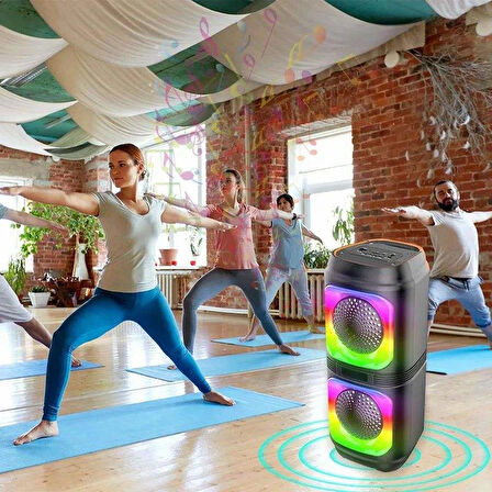 Göz Kamaştırıcı LED Işıklı Bluetooth Hoparlör – 1200 mAh Şarjlı, Çift 4 Inch Hoparlör, RGB Renkli Işık, Çoklu Bağlantı (USB/TF/FM/AUX/MIC)