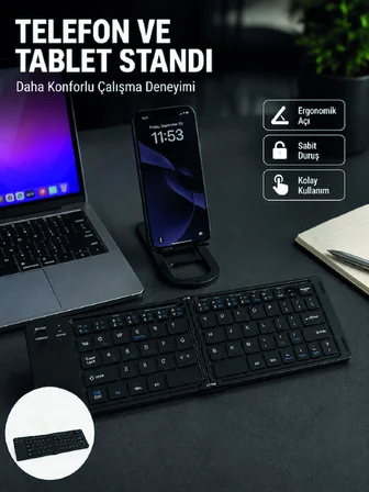 Bluetooth Katlanabilir Klavye USB-C Şarjlı 3 Cihaz Bağlantılı Taşınabilir Kla