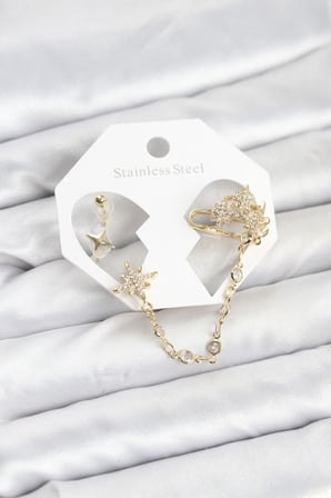 Kutup Yıldızı Model Pirinç Gold Renk Zincir Bağlantılı Ear Cuff Küpe Seti 58
