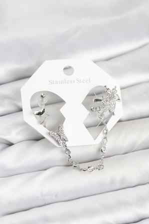 Pirinç Gümüş Renk Kelebek Model Zincir Bağlantılı Ear Cuff Küpe Seti 5886