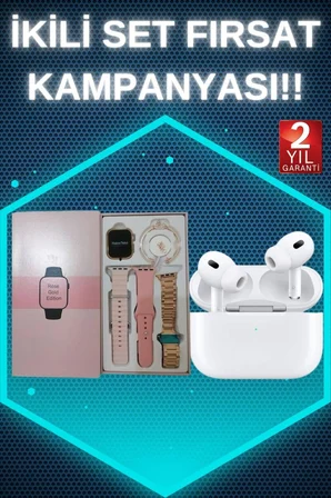 3 Kordonlu Pembe Amoled Ekran Akıllı Saat ve Yeni Nesil Pro Kablosuz Bluetooth Kul