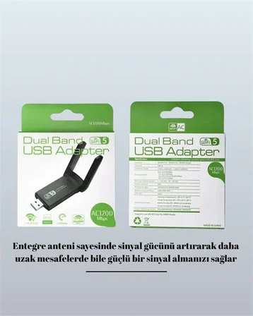 Yüksek Hızlı 1200 Mbps Çift Bant USB WiFi Adaptör – Güçlü Sinyal Geniş Uy