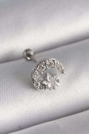 316L Çelik Gümüş Renk Zirkon Taşlı Ay Yıldız Tragus Piercing 5886