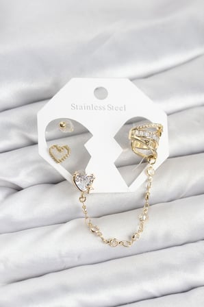 Pirinç Gold Renk Kalp Model Zincir Bağlantılı Ear Cuff Küpe Seti 5886