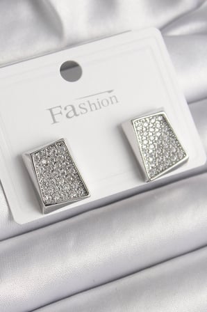 Pirinç Gümüş Renk Zirkon Taşlı Plaka Model Kadın Küpe 5886