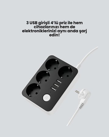 4.1A Hızlı Şarjlı Akım Korumalı 4 Priz ve 3 USB Çıkışlı Priz