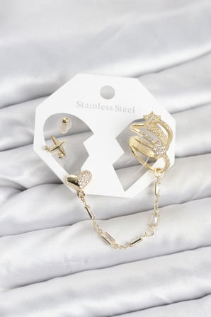 Kalp Yıldız Model Pirinç Gold Renk Zincir Bağlantılı Ear Cuff Küpe Seti 5886