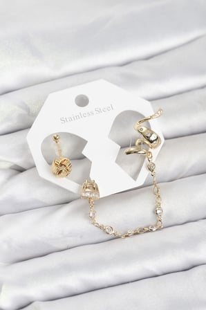 Pirinç Gold Renk Yılan Model Zincir Bağlantılı Ear Cuff Küpe Seti 5886