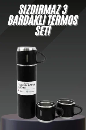 Termos Seti Paslanmaz Çelik 3 Bardaklı Vakumlu Termos Set 500 Ml 12 Saate Kadar Is