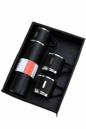 Termos Seti Paslanmaz Çelik 3 Bardaklı Vakumlu Termos Set 500 Ml 12 Saate Kadar Is