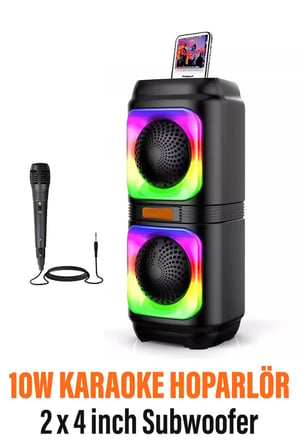 Bluetooth Hoparlör 10W Speaker TWS Kablolu Karaoke Mikrofon 2x4inç RGB Işıklı 1500mAh Batarya BLS-48