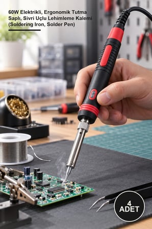 4 Adet Kalem Havya – 60W Elektrikli, Ergonomik Tutma Saplı, Sivri Uçlu Lehimleme Kalemi (Soldering Iron, Solder Pen)