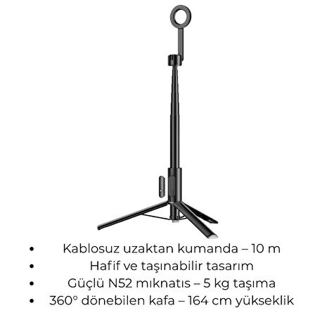 Kablosuz Uzaktan Kumandalı Manyetik Tripod | 164 cm | 360° Döner Başlık | Hafif ve Katlanabilir Tasarım