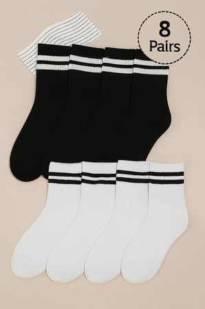 Unisex 8 li paket Siyah Beyaz Çizgili Kolej Çorap (8 Pairs)