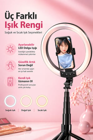 RGB Halka Işık Uzun Tripod Selfie Çubuğu 1.9m-1200 mAh Şarjlı Kumandalı Ring Light Telefon Tutucu