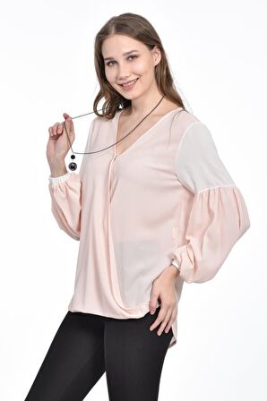 Modkofoni Takı Detaylı Uzun Kollu Pudra Kadın Bluz
