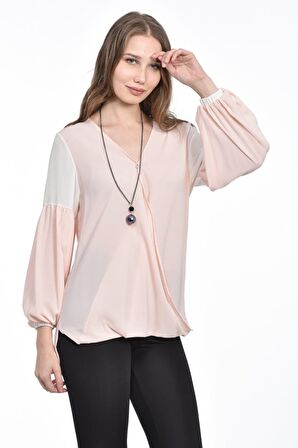 Modkofoni Takı Detaylı Uzun Kollu Pudra Kadın Bluz
