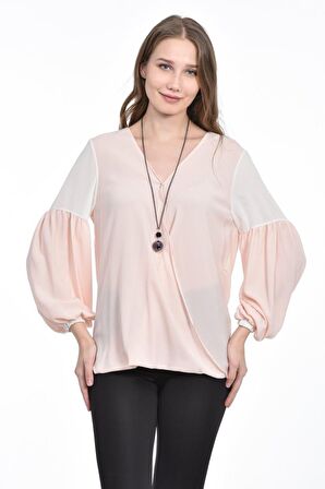 Modkofoni Takı Detaylı Uzun Kollu Pudra Kadın Bluz