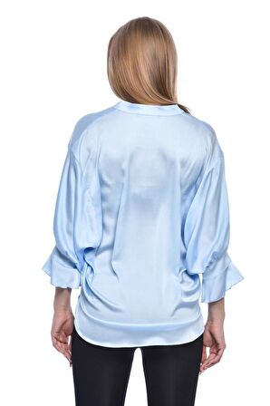 Uzun Kollu Volenli ve Biyeli Bebe Mavi Kadın Bluz