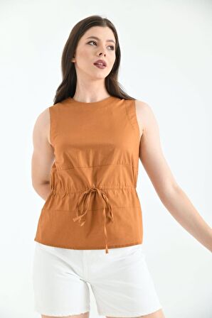 Bisiklet Yaka Kolsuz Bağcıklı Kahve Kadın Bluz