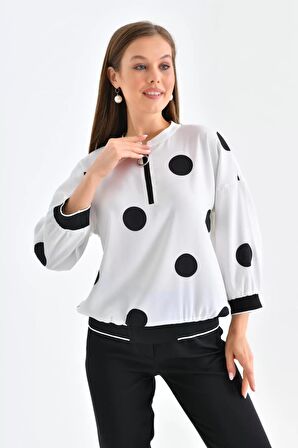 Puantiyeli Polo Yaka Fermuarlı Beyaz Kadın Bluz