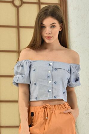 Omzu Açık Puantiyeli Mavi Kadın Crop Bluz