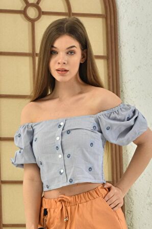 Omzu Açık Puantiyeli Mavi Kadın Crop Bluz