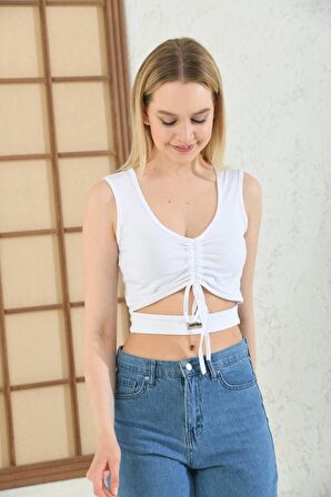 Askılı Önden Bağcıklı Beyaz Kadın Crop Bluz