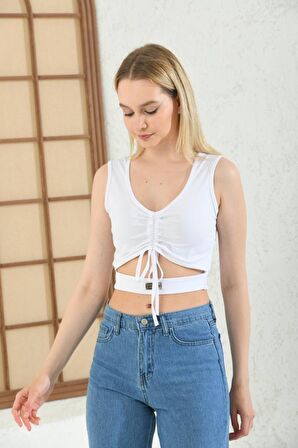 Askılı Önden Bağcıklı Beyaz Kadın Crop Bluz