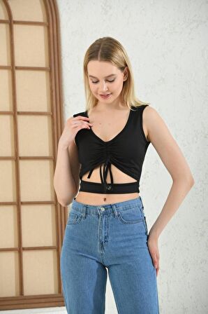 Askılı Önden Bağcıklı Siyah Kadın Crop Bluz