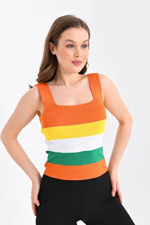 Askılı ve Çizgli Kiremit Crop Triko Kiremit Kadın Bluz