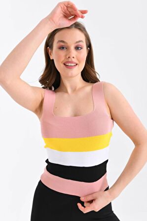 Askılı ve Çizgli Pudra Crop Triko Pudra Kadın Bluz
