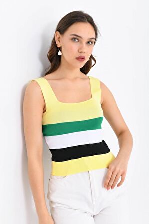 Askılı ve Çizgli Sarı Crop Triko Sarı Kadın Bluz