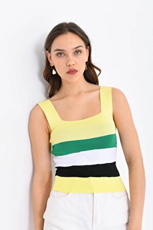 Askılı ve Çizgli Sarı Crop Triko Sarı Kadın Bluz