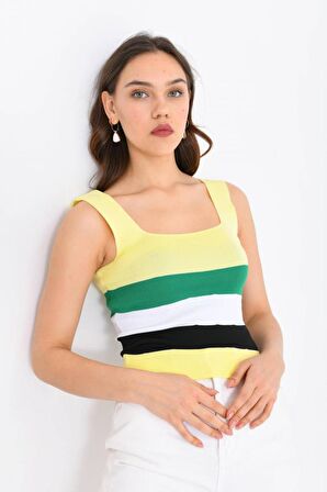 Askılı ve Çizgli Sarı Crop Triko Sarı Kadın Bluz