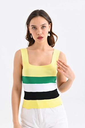 Askılı ve Çizgli Sarı Crop Triko Sarı Kadın Bluz