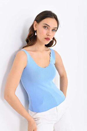 Askılı Merdiven Desenli Kadın Bebe Mavi Crop Triko Bluz