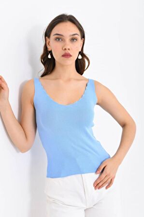 Askılı Merdiven Desenli Kadın Bebe Mavi Crop Triko Bluz