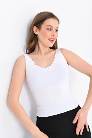 Askılı Merdiven Desenli Kadın Beyaz Crop Triko Bluz