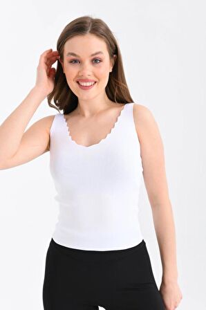 Askılı Merdiven Desenli Kadın Beyaz Crop Triko Bluz