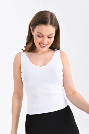 Askılı Merdiven Desenli Kadın Beyaz Crop Triko Bluz
