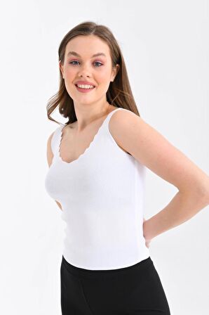 Askılı Merdiven Desenli Kadın Beyaz Crop Triko Bluz